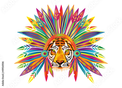 Tiger Häuptling mit Federschmuck in bunten Farben