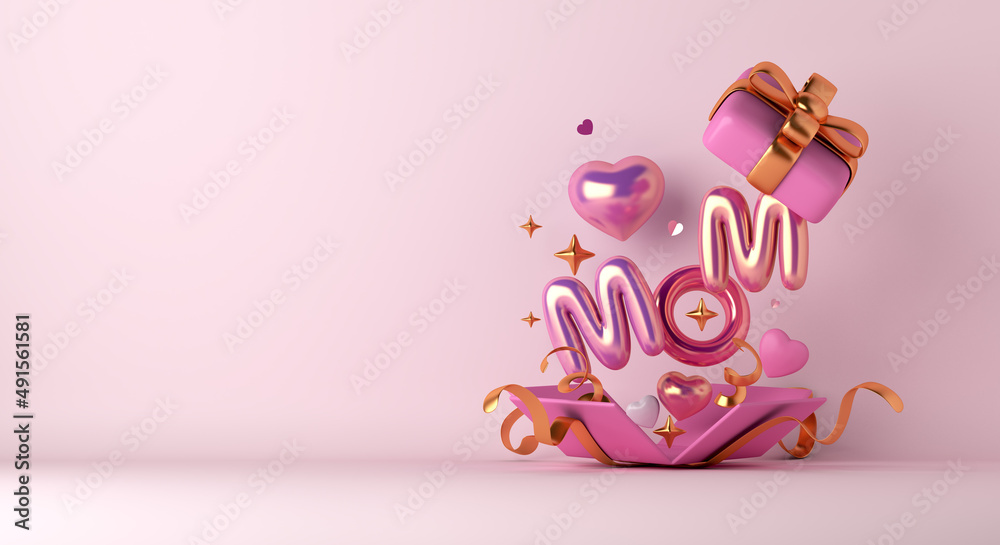 Happy mothers day decoration background with gift box, balloon, mom text, copy space text, 3D rendering illustration Happy mothers day decoration background with gift box, balloon, mom text, copy space text, 3D rendering illustration