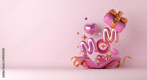 Happy mothers day decoration background with gift box, balloon, mom text, copy space text, 3D rendering illustration