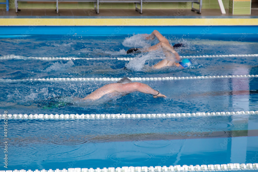 Men compete in swimming in the pool.