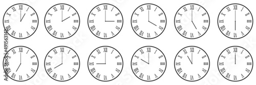 horizontal set of analog clock icon with roman numeral notifying each hour isolated on white,vector illustration