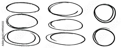 Highlight oval frames, curve underline and border. Hand drawn marker circle set. Doodle ovals and ellipses line template. Stock vector illustration isolated on white background.
