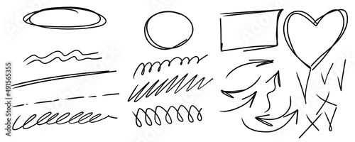 Hand drawn oval frames, highlight  curve underline and arrows. Hand drawn scribble circle set. Doodle ovals and ellipses line template. Stock vector illustration isolated on white background.