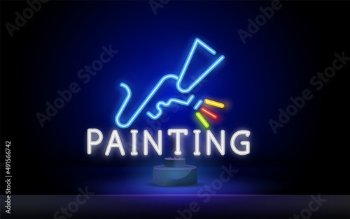 neon airbrushing for cars. Paint sprayer neon icon. Vector illustration for design. Repair tool glowing sign. Construction tools concept.