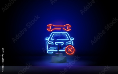 neon auto review, auto diagnostics. car icon in neon blue backlight on brick wall background. Car driving, maintenance in service center. Road safety. Vector