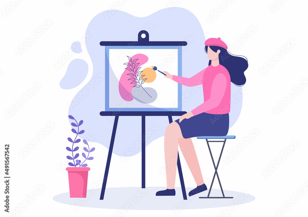 Painting Flat Illustration with Someone who Paints using Easel, Canvas, Brushes and Watercolor for Poster or Workshops Designs Painting Flat Illustration with Someone who Paints using Easel, Canvas, Brushes and Watercolor for Poster or Workshops Designs