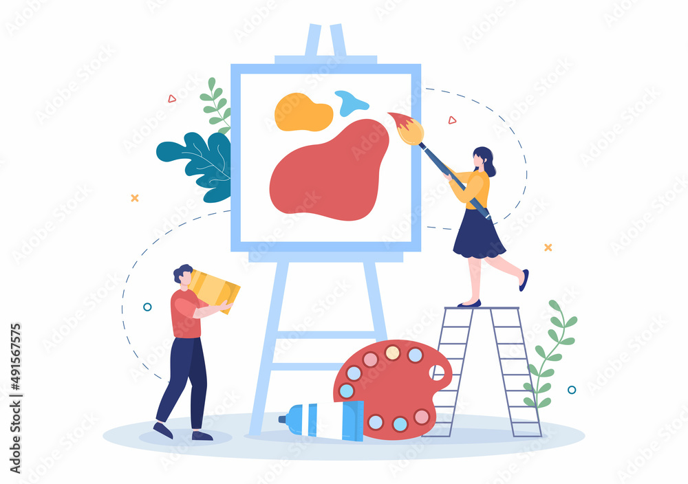 Painting Flat Illustration with Someone who Paints using Easel, Canvas, Brushes and Watercolor for Poster or Workshops Designs