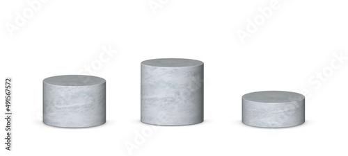 Realistic gray 3d cylinder stand set isolated on white. 