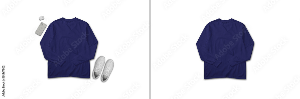 Navy long sleeve t shirt top view isolated plain on background Navy long sleeve t shirt top view isolated plain on background
