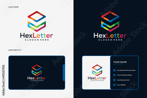 Colorful hexagonal letter V logo and business card template