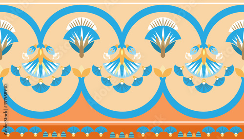 Seamless pattern vector illustration of the Egyptian ancient ornament with a lotus flower, leaves, papyrus, palm tree. Egyptian culture element For wallpaper, wrapping, paper, fabric, background