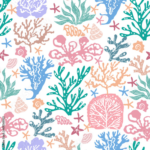 Beautiful seamless pattern with seaweeds, Sea underwater plants, ocean coral reef and aquatic kelp, sea star, algae, seashells, jellyfish. Marine background Vector illustration