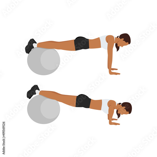 Woman doing stability Swiss ball push up exercise. Flat vector illustration isolated on white background