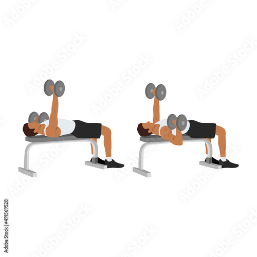 Man doing Single arm alternating dumbbell flat bench press. Chest exercise flat vector illustration