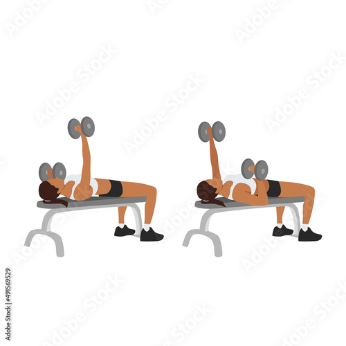 Woman doing Single arm alternating dumbbell flat bench press. Chest exercise flat vector illustration