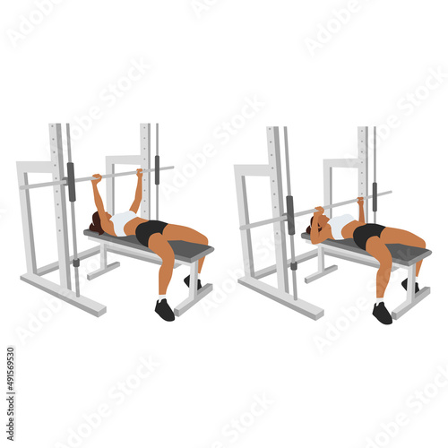 Woman doing Smith machine barbell bench press flat vector illustration isolated on different layers