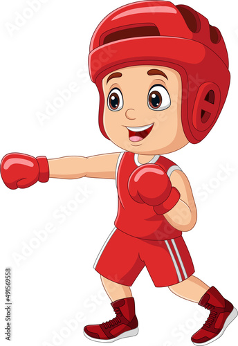 Cartoon little boy training boxing