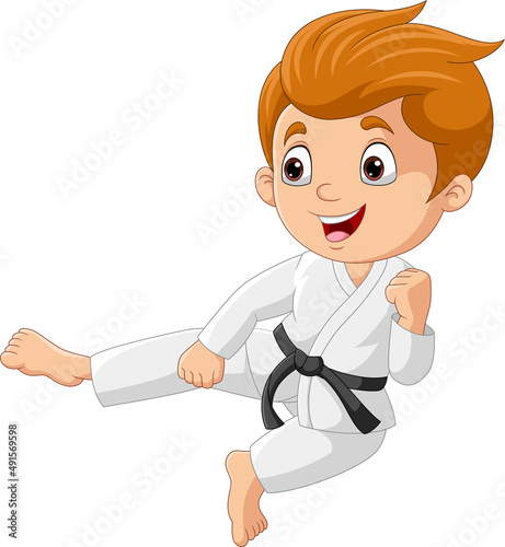 Cartoon little boy training karate