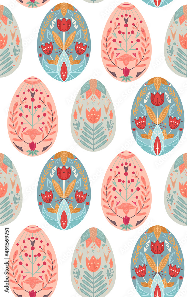 Vector seamless pattern with Easter eggs with a folk pattern in row. Gentle texture with festive treat with a folk decoration on white background. Backdrop for fabrics and wallpapers