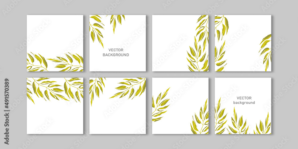 Trendy vector set for Social media stories and post, mobile apps, banners design, web ads. Template squared background with copy space and tropical leaves. Editable frame, mockup for advertising