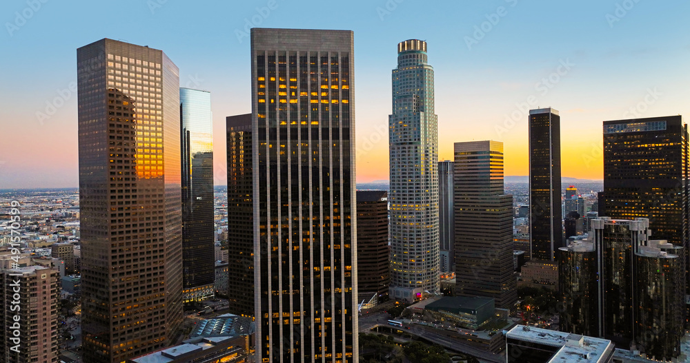 Los Angeles downtown panoramic city with skyscrapers. California theme with LA background. Los Angels city center. Los angeles buildings.