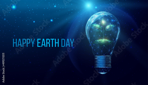 Happy Earth Day concept. Wireframe polygonal plant in lightbulb with planet. Futuristic modern abstract background. Vector illustration
