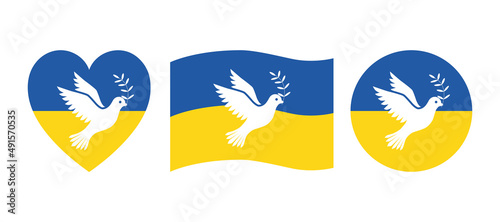 Stampa su tela Set of icons of the flag of Ukraine with the dove of peace