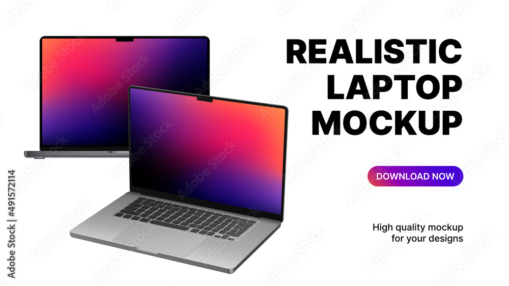 Two Blank Laptops Rotated and Front View. Realistic Device Mockups on White Background. Vector illustration Two Blank Laptops Rotated and Front View. Realistic Device Mockups on White Background. Vector illustration