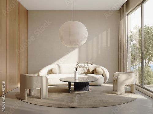3d interior of a Japandi style interior living room a design with simplicity, natural elements, and minimalism photo