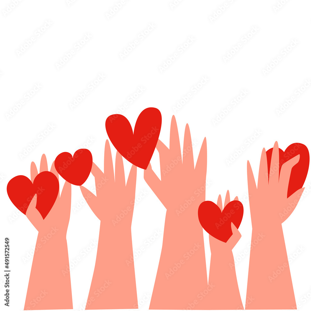 Hands holding hearts symbol. People give hearts and love. Charity and donation concept. Vector illustration. Hands holding hearts symbol. People give hearts and love. Charity and donation concept. Vector illustration.