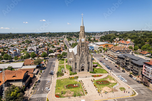 Aerial view of Canela, Rio Grande do Sul, Brazil. Church Matriz de Nossa Senhora de Lourdes.