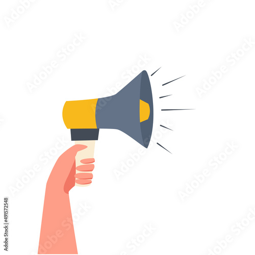 Hand with megaphone. Hand holding loudspeaker.  Vector illustration.
