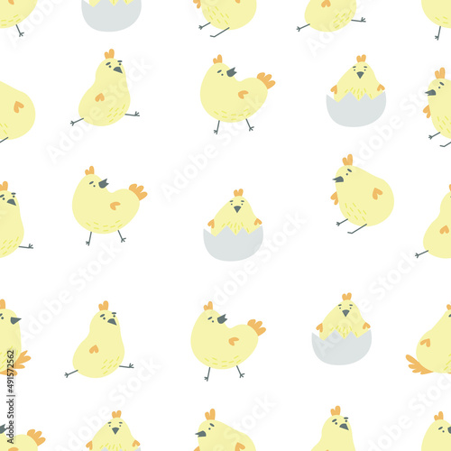 Seamless pattern with cute cartoon chicken. Funny chick. Hand drawn characters isolate on white background. Vector illustration.