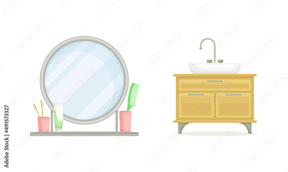 Fototapeta premium Bathroom interior elements set. Washbasin cabinet and circle mirror cartoon vector illustration
