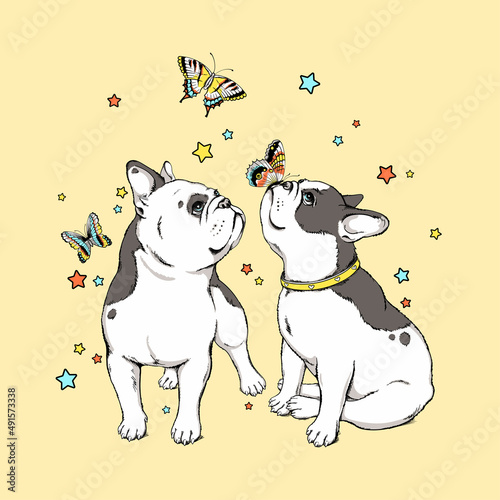 Two cute french bulldogs with butterflies. Image for printing on any surface