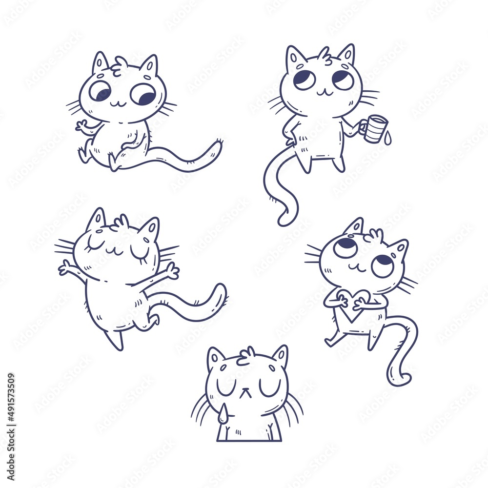 Obraz premium Set with cute cartoon cats. Funny doodle kitten collection. Vector contour image. Playful animal print.