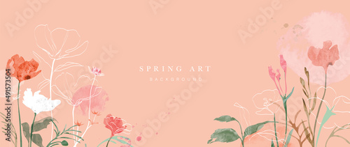 Spring season on red tone background. Hand drawn floral wallpaper with flowers, foliage, leaf, garden and blooms. Blossom art with watercolor texture design for banner, cover, decoration, poster.