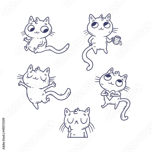 Set with  cute cartoon  cats.  Funny doodle kitten collection. Vector contour image. Playful animal print.