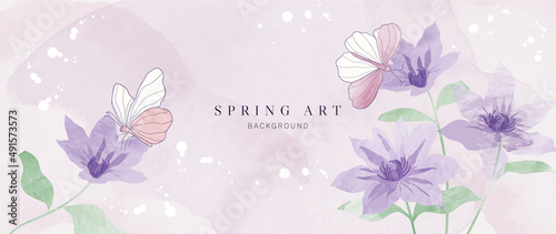 Spring season on watercolor texture background. Hand drawn floral and insect wallpaper with purple flowers, butterflies, leaf. Blossom garden art design for banner, cover, decoration, poster.