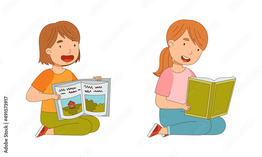 Cute girl sitting on the floor and reading books cartoon vector illustration Cute girl sitting on the floor and reading books cartoon vector illustration