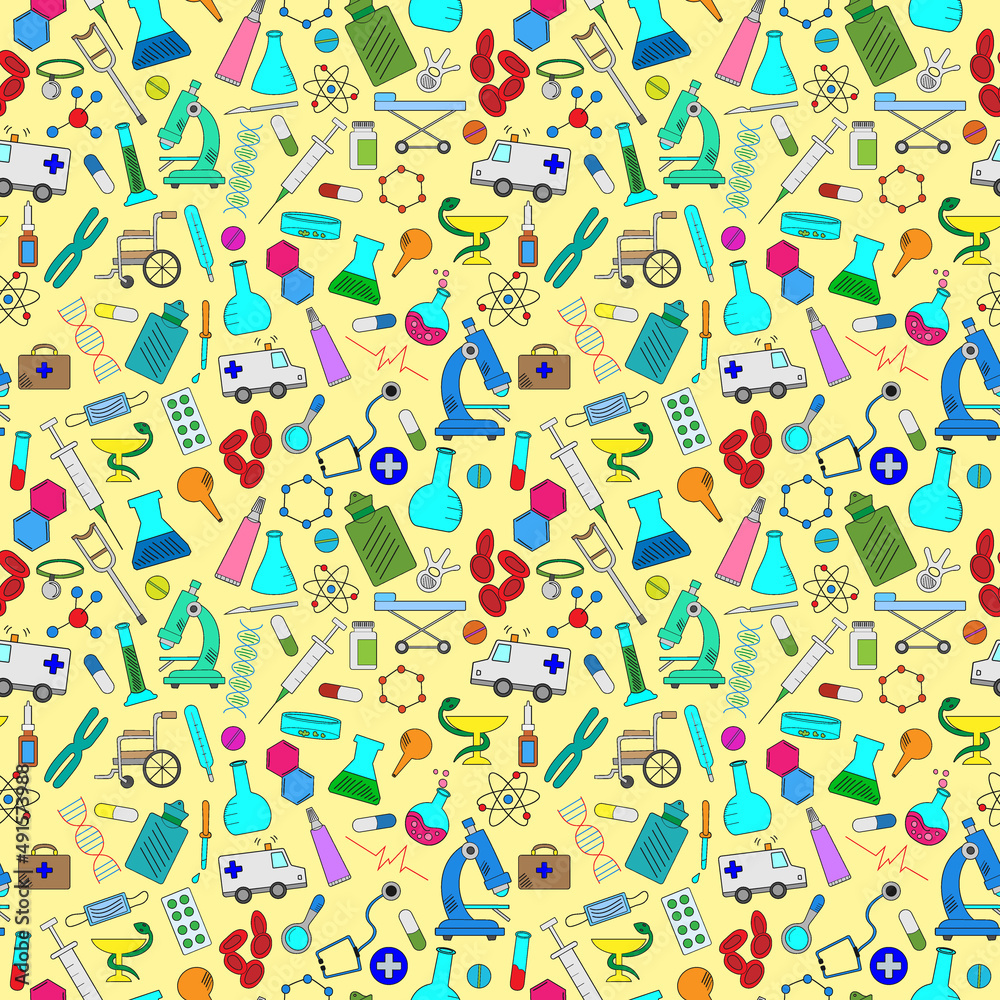 Seamless pattern with hand drawn icons on a theme medicine and health, the colored icons on a yellow background