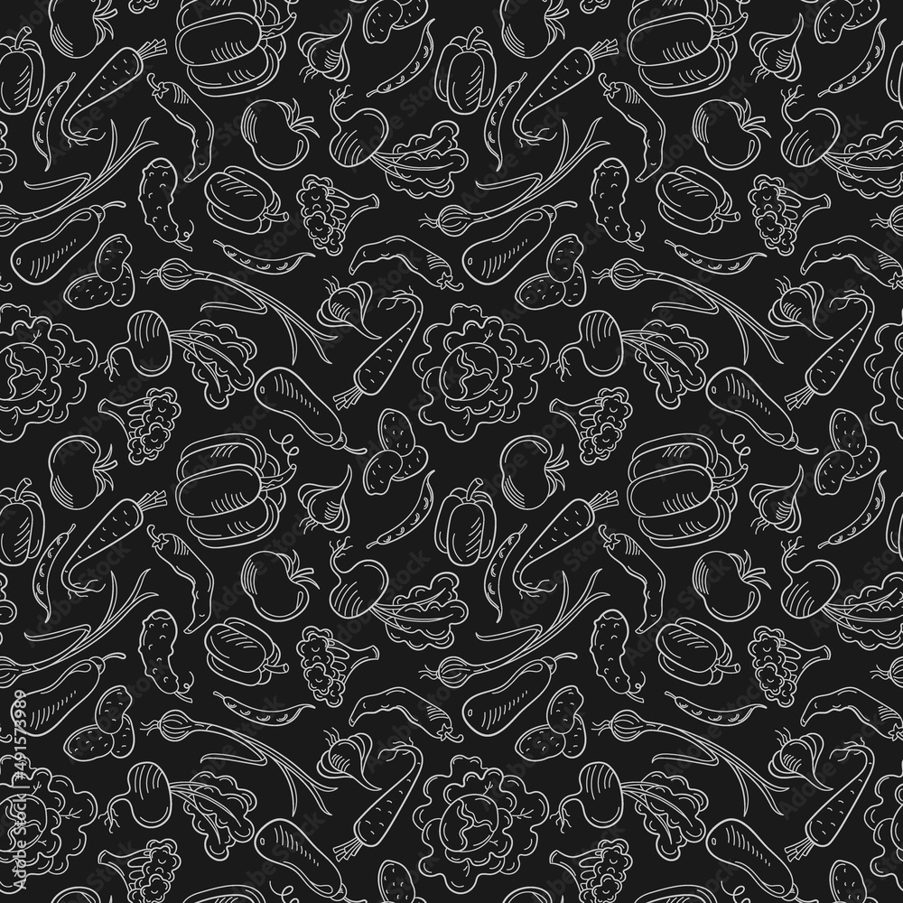 Seamless pattern on the theme of vegetables and healthy food,light contour icons on a dark background Seamless pattern on the theme of vegetables and healthy food,light contour icons on a dark background