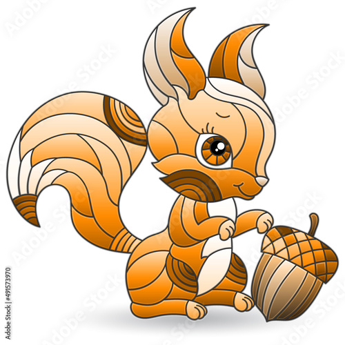 Illustration in the style of a stained glass window with a cute cartoon squirrel, an animal isolated on a white background, tone brown