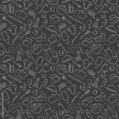 Seamless pattern on the theme of cooking and kitchen utensils, simple contour icons, light contour on a dark background