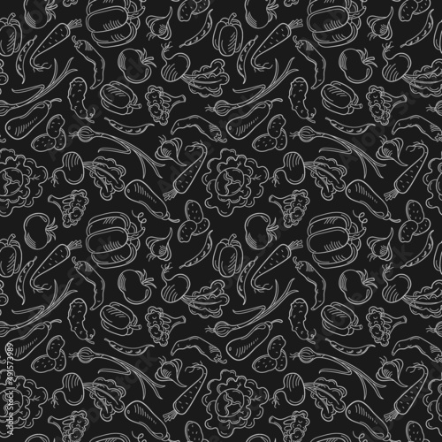 Seamless pattern on the theme of vegetables and healthy food,light contour icons on a dark background