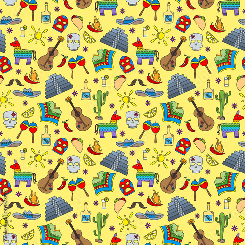 Seamless pattern on the theme of recreation in the country of Mexico, colorful icons on a yellow background