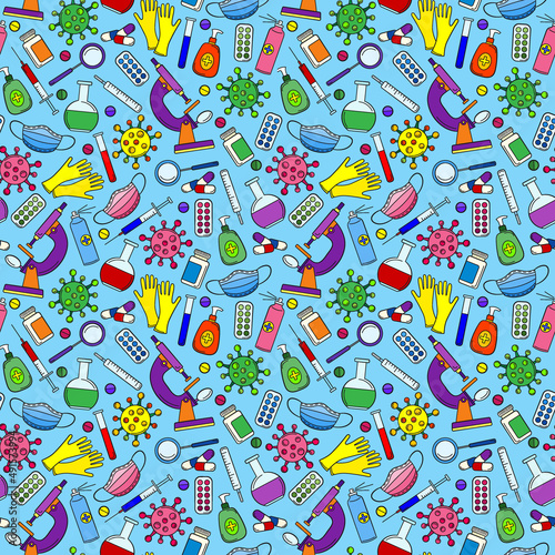 Seamless pattern on the theme of medicine and diseases, medical equipment and viruses, colored icons on a blue background