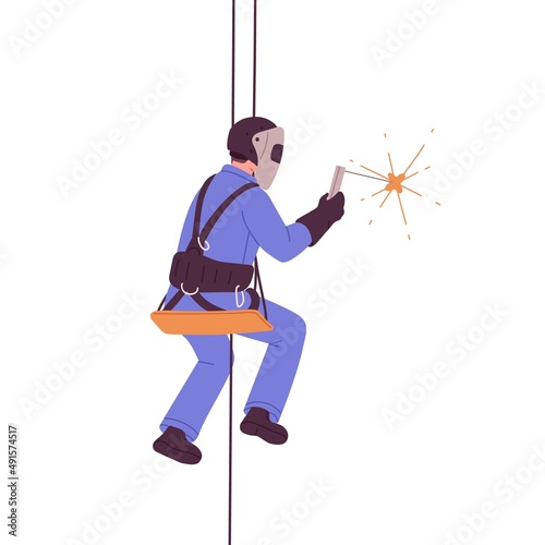 Worker hanging on ropes. Industrial alpinist welder suspended to safety harness with professional equipment for welding. Work at height, alpinism. Flat vector illustration isolated on white background