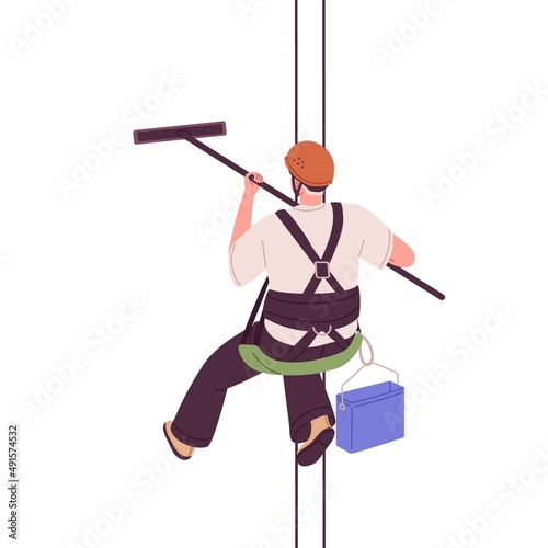 Industrial alpinist suspended on ropes, cleaning building at height. Worker in safety helmet washing, hanging on harness with wiper and bucket. Flat vector illustration isolated on white background