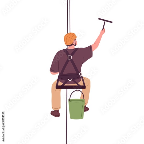 Industrial alpinist climber suspended on ropes, washing building at height. Highrise worker in safety helmet cleaning, hanging on harness. Flat graphic vector illustration isolated on white background